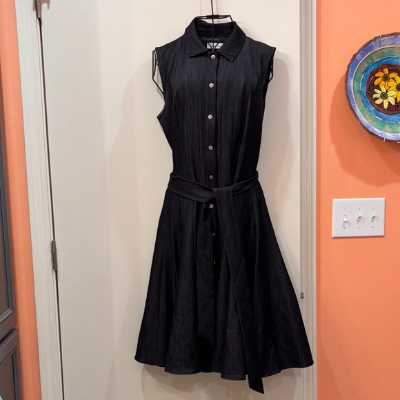 Calvin Klein Black Midi Dress Snap Buttons with Belt DENIM - Picture 2 of 10